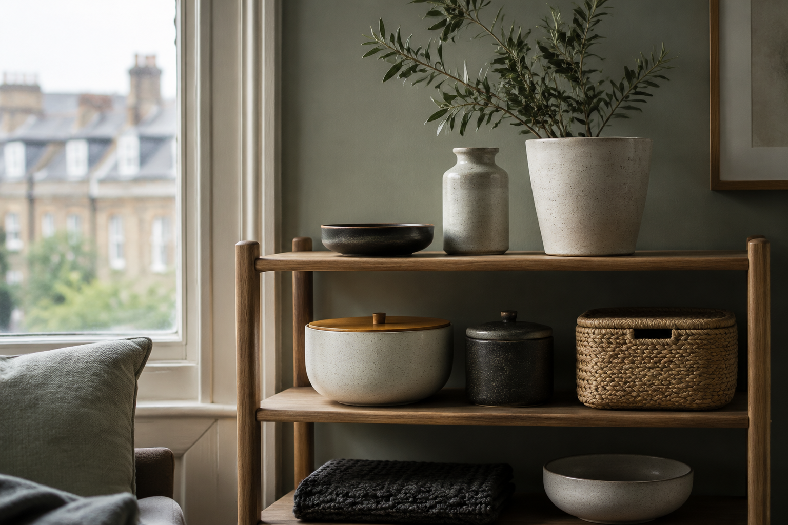 A calm apartment corner with neatly arranged ceramic storage and a woven basket