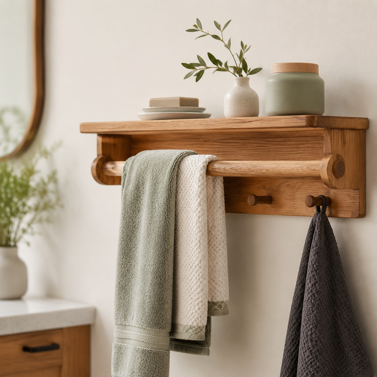 Oak towel rail with hooks